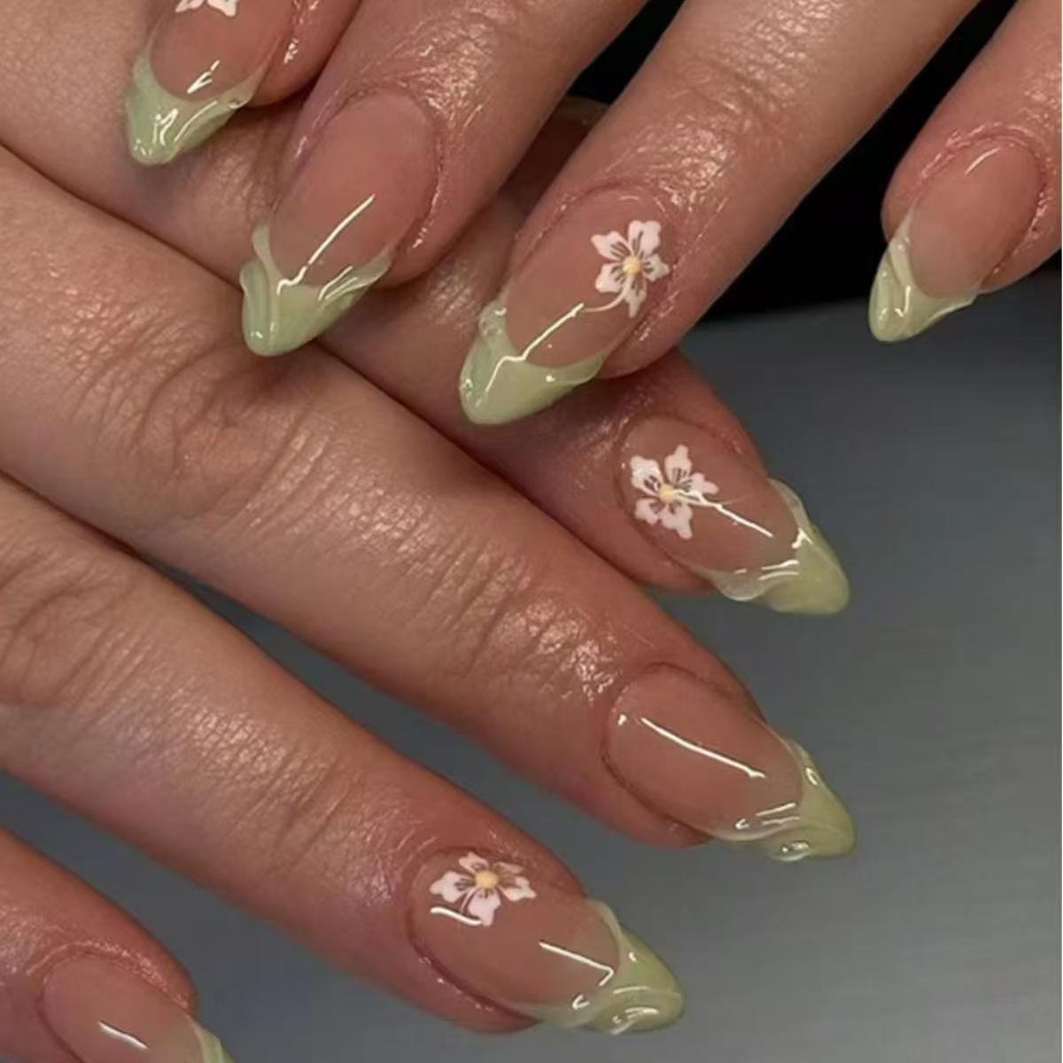 Nail Extension Tips - 24 قطعة بسيطة الأخضر الفرنسية الأظافر